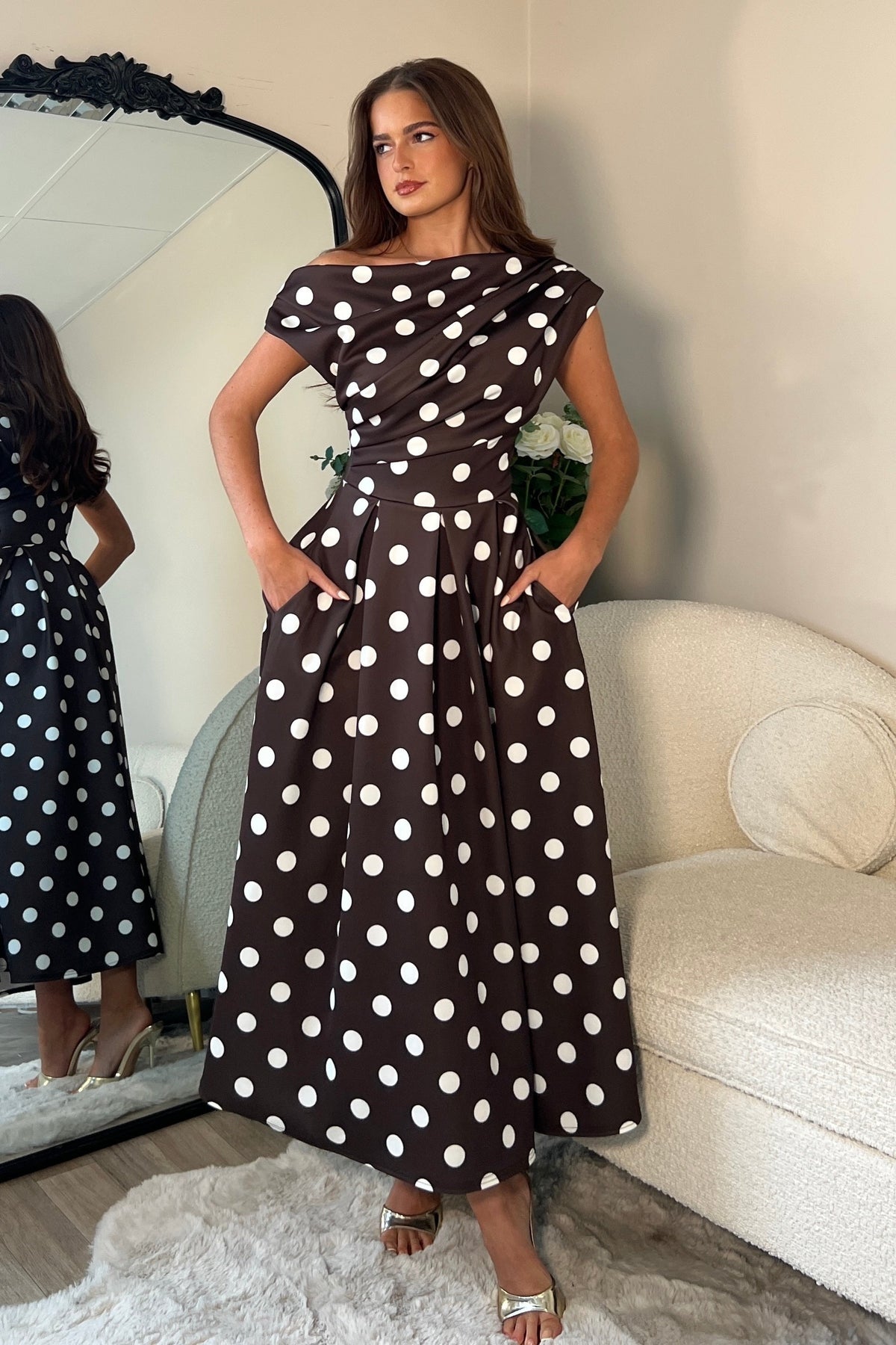 Betty Asymmetric Neckline Skater Midi Brown Polka Dot