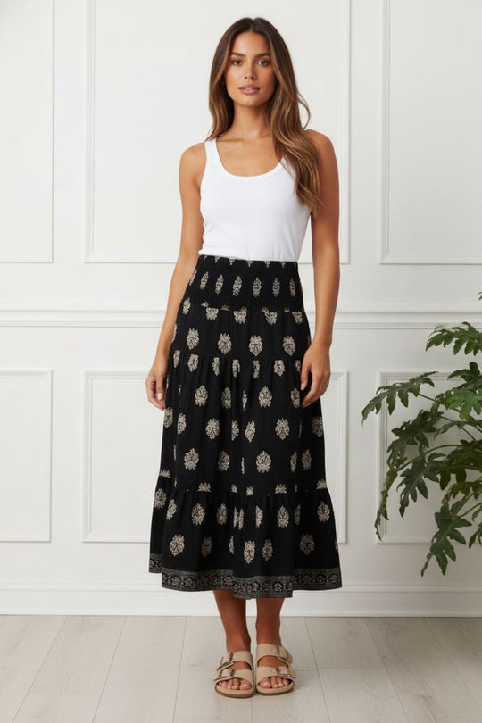 Printed Shirred Tiered Midi Skirt in BLACK
