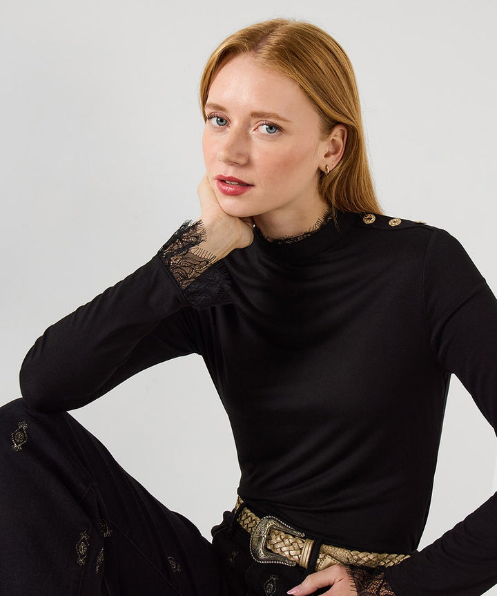 Delicate Lace Trim High Neck Top in Black