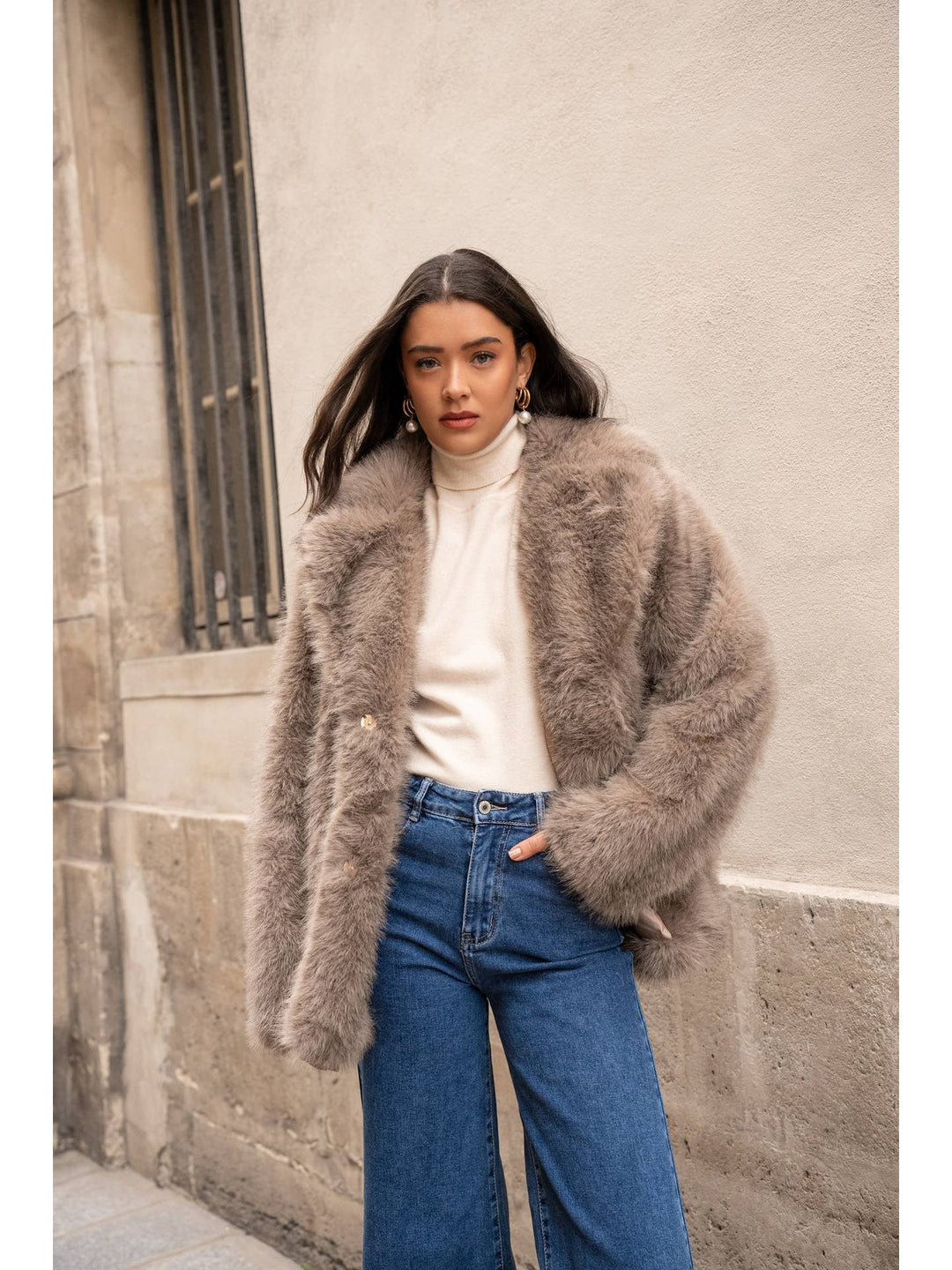 Faux fur jacket in taupe