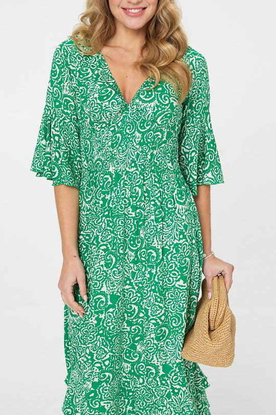Printed 3/4 Sleeve Ruched Midi Dress