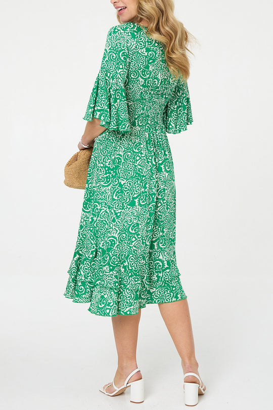 Printed 3/4 Sleeve Ruched Midi Dress