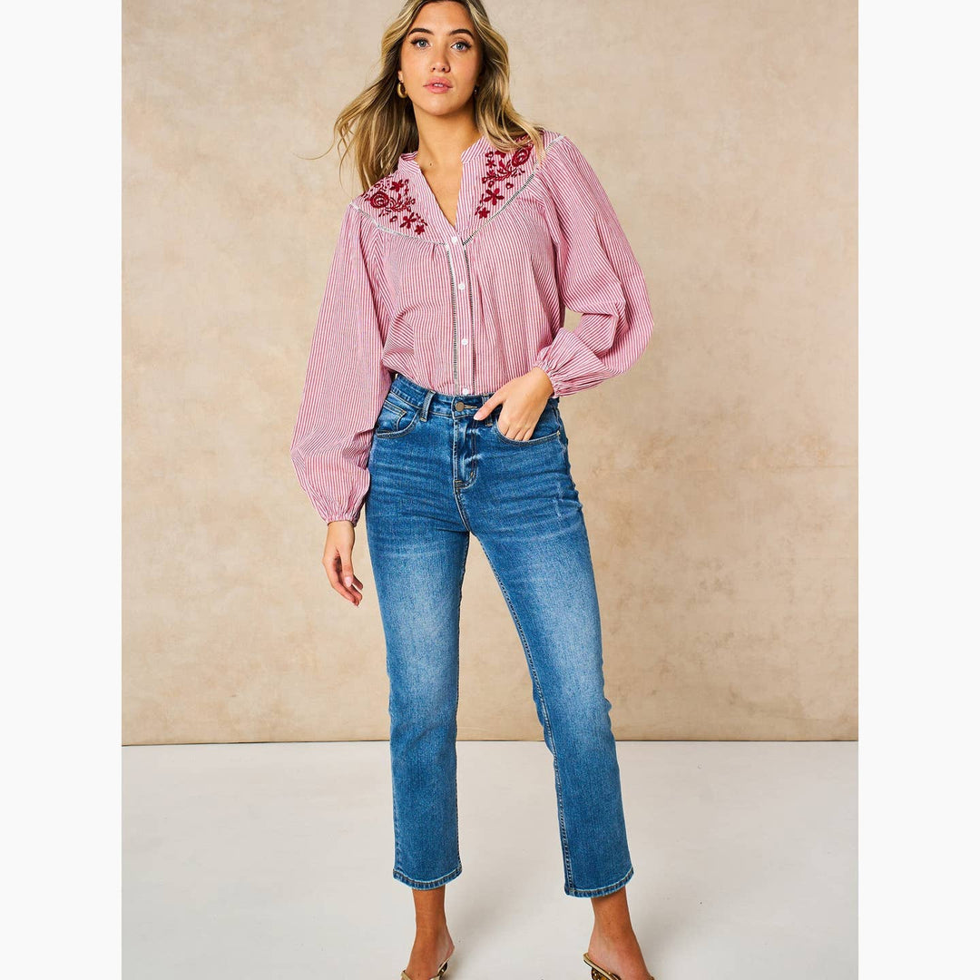 Embroidered Floral Long Sleeve Cotton Shirt in Red