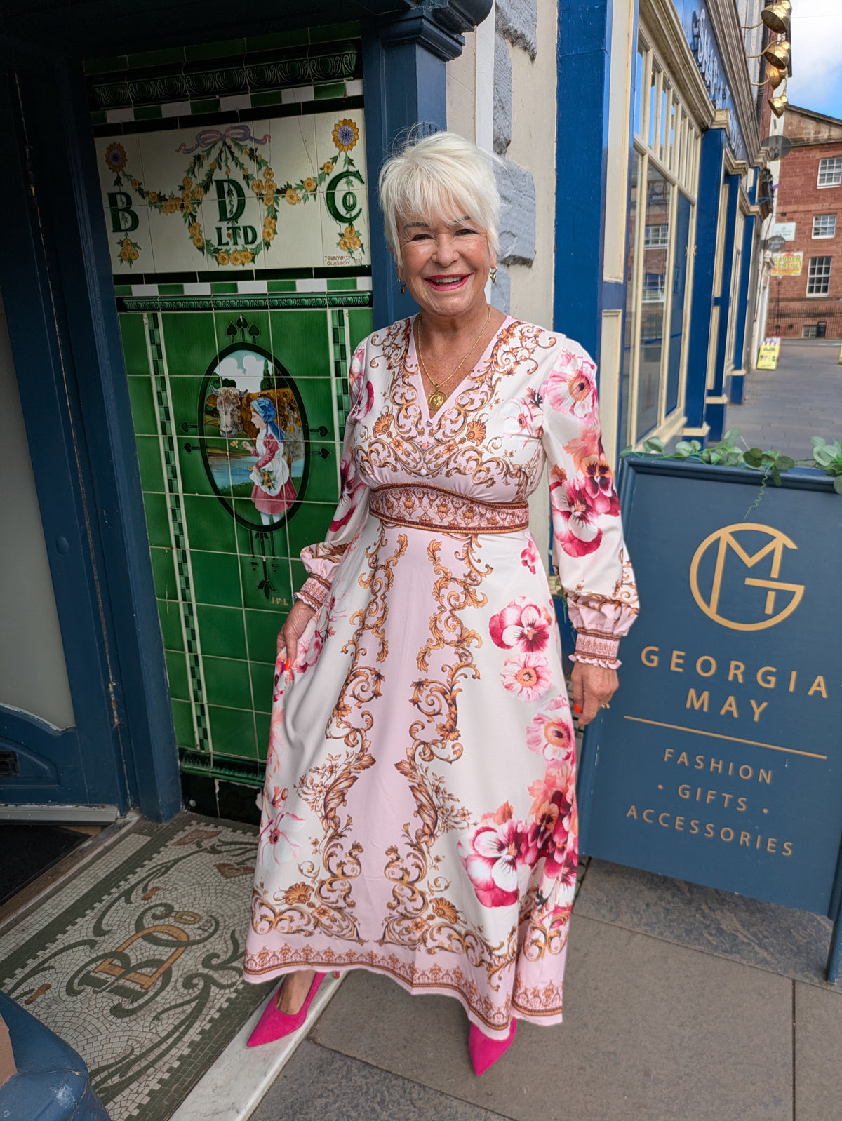 Floral Border Long Sleeve Maxi Dress in PINK (sale)