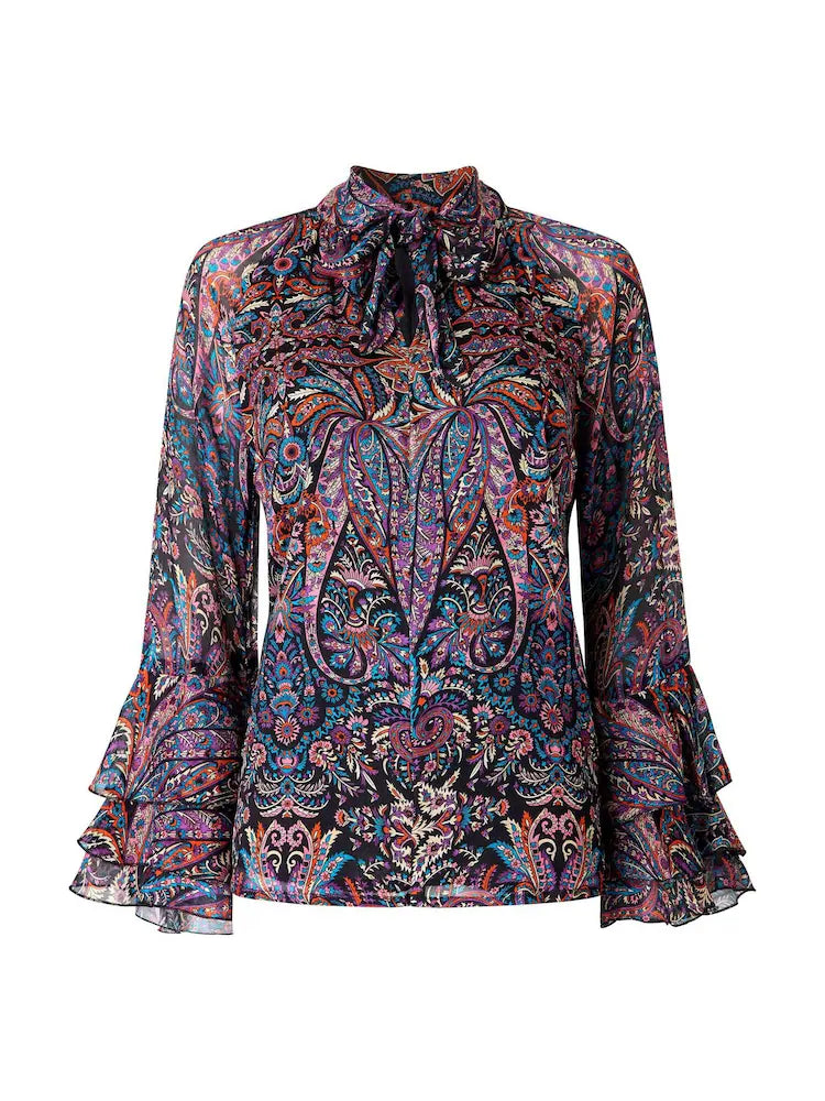 Joe Brown Boho Print Tie Neck Blouse With Ruffle Sleeve Detail