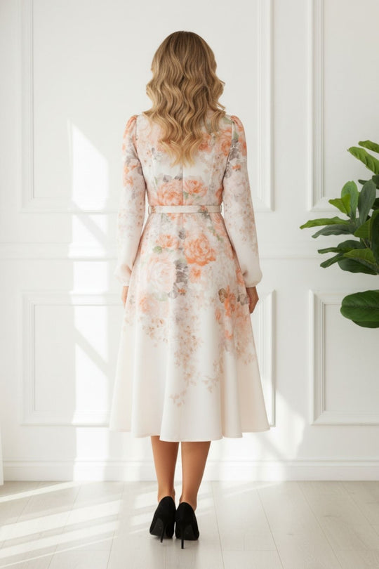 Floral Long Sleeve Belted Midi Dress in MULTI PINK/Peach (sale)